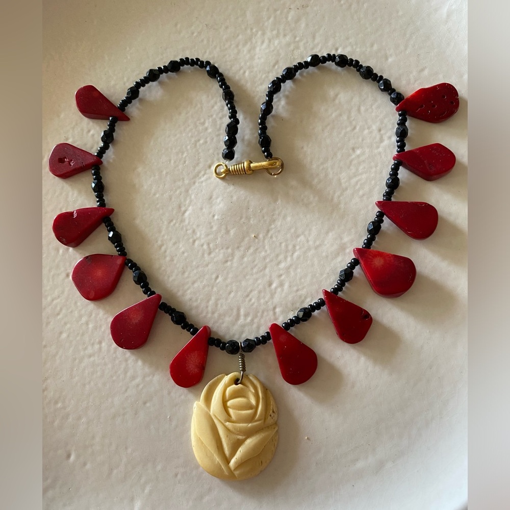 Coral & Vintage Carved Bone Necklace